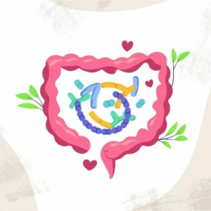 Illustration of a healthy colon with arrows and friendly gut bacteria — symbolizing probiotic action in digestive health.