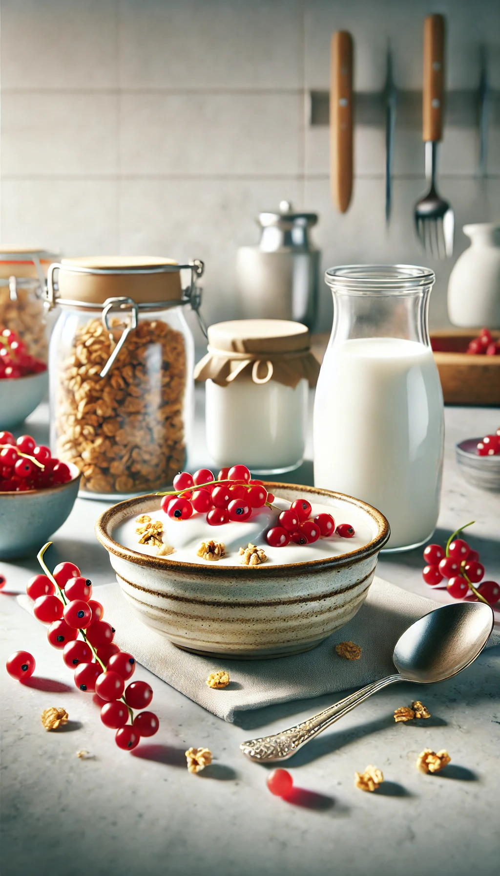 Natural probiotics for women over 40 with yogurt, granola and red currants on a clean kitchen table